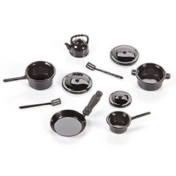 Dollhouse Miniature Metal Pots And Pans Black 10 Piece