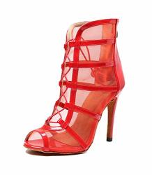 TDA Women's Stylish Stiletto Heel Zipper & Lace-up Mesh Red Synthetic Social Tango Prom Latin Dance Shoes Wedding Sandals Boots 4.5 M Us