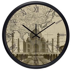 12INCH India Agra City Taj Mahal Hotel Lobby Wall Clock Map Clock Metal Frame Glass Top