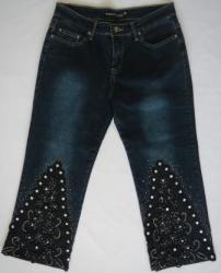 Designer Jean - Blue 3 4 Jean With Black And Silver Floral Detail - Straight Leg