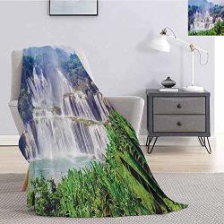Yoyi-home Nature Throw Blankets Waterfall Exotic Tropical Leaves Natural Swimming Pool Water Picture Plush Throw Blanket For Couch W57 X L74 Inch Forest Green