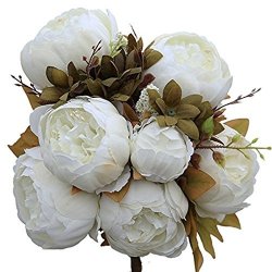 Artificial Peony Wedding Flower Bush Bouquet-greendec Vintage Peony Silk Flowers For Home Kitchen Wreath Wedding Centerpiece Decor White 2 Pack