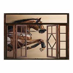 Scocici Wall Mural Window Frame Mural horses Chestnut Color Horse Jumping In Hackamore Life Force Power Honor Love Sign Print Brown Cream wall Sticker Mural