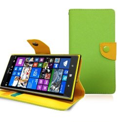 Jkase Tm Gello Series Pu Leather Wallet Cover Case With Credit Business Card Holder For Nokia Lumia 1520 - Retail Packaging Green yellow