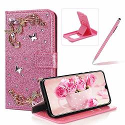 Diamond Wallet Leather Case For Huawei P30 Pink Glitter Flip Cover For Huawei P30 Herzzer Luxury 3D Flower Butterfly Decor Magnetic Stand Case With