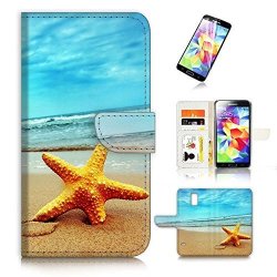 For Samsung S5 Galaxy S5 Flip Wallet Case Cover & Screen Protector Bundle A0021 Starfish Beach Sea Blue Sky