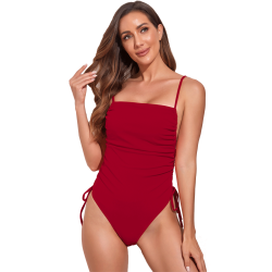 Draped High Cut Solid Colour One Piece Swimsuit - Red - Xlarge