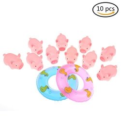 Coscosx 10 Pcs MINI Pink Rubber Pigs With 2 MINI Swimming Rings Cute Floating Bath Toys For Baby