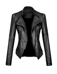Faux Leather Motorcycle Jacket - Black L