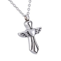 BY Angel Wing Cross Cremation Jewelry Urn Necklace For Ashes Memorial Pendant Stainless Steel Urn Jewelry Angel Wing&cross