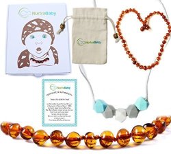 Baltic Amber Teething Necklace Gift Set For Babies + Bonus Silicone Necklace 15$ Value 100% Authentic Amber Natural Remedy Anti Inflammatory Reduce Drooling & Teething Pain For Boys & Girls