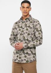 Jonathan D Casual Long Sleeve Slim Fit Printed Shirt - Khaki
