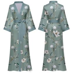 Elegant Ladies Satin Kimono Dressing Gown Mint Green Peoney Print - Webstore Sa