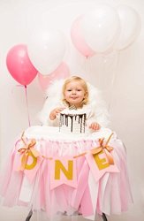 Birthday High Chair Tutu Skirt Premium Quality Pink Tulle White Gold 36X13 Inches Banner One Included Hand Made Custom Self Adhesive Velcro Strips By