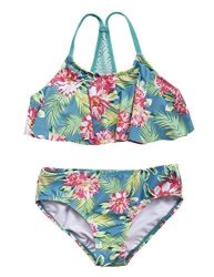 Hilor Girl's Bikini Swimsuits Ruffle Flounce Two Piece Beach Swimwear Tankini Set Green L 10-12