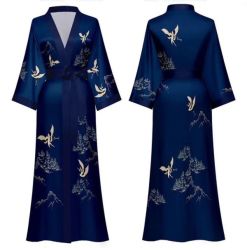 Elegant Ladies Satin Kimono Dressing Gown Navy Crane Print - Webstore Sa