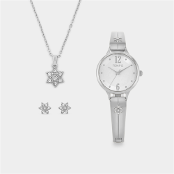 Silver Plated Bangle Watch Flower Pendant & Stud Earrings Gift Set