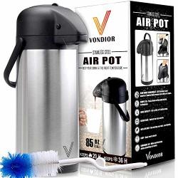 Thermal Coffee Airpot - Beverage Dispenser 85OZ. By Vondior - Stainless Steel Urn For Hot cold Water Or Pump Action Party Thermos Carafe Bunn Brush