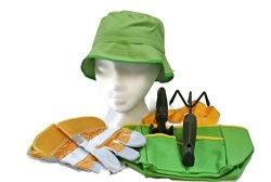 Garden Tool For Tots Bundle Of 6 Items Bucket Hat Pr. Leather Gloves Tote Shovel And Culivator.