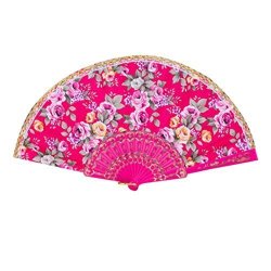 Staron Chinese Spanish Japanese Peacock Style Rose Pattern Silk Lace Folding Hand Held Flower Fan For Prom Dance Wedding Party Gifts Hot Pink
