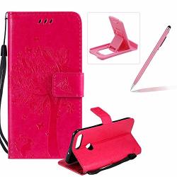 Herzzer Strap Leather Case For Huawei P Smart Bookstyle Magnetic Hot Pink Solid Color Stand Flip Case For Huawei P Smart Premium Elegant Butterfly