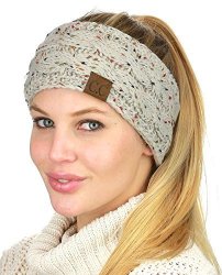 C.c Soft Stretch Winter Warm Cable Knit Fuzzy Lined Ear Warmer Headband Confetti Oatmeal