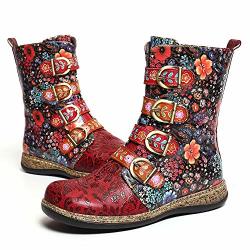 Socofy Womens Boots Winter Fur Lined Warm Boots Leather Flat Casual Walking Boots Handmade Flowers Pattern Metal Buckle Zipper Short Boots Red 10 M Us