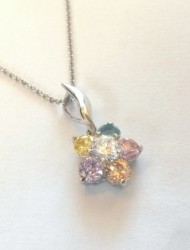 Multi Colour Flower Pendant With Fine 925 Sterling Silver Rolo Necklace