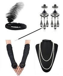 1920S Accessories Headband Necklace Gloves Cigarette Holder Flapper Costume Accessories Set For Women E