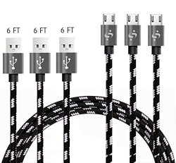 SyncTech Soft Premium Nylon Braided Tangle-free 6 Feet Micro USB Cable Durable High-speed Syncing charging For Android Samsung Kindle Windows Controllers Tablets Etc. 2. 3 Pack - Black