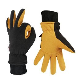 OZERO Winter Gloves Coldproof Thermal Ski Glove - Deerskin Leather Palm & Polar Fleece Back With Insulated Cotton - Windproof Water-resistant Warm Hands In