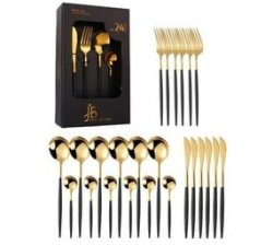 24-PIECE Stainless Steel Cutlery Set - Premium Quality - Black & Gold