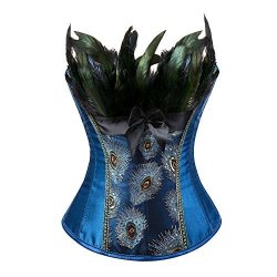 Frawirshau Corset Women Lace Up Peacock Corset Bustier Burlesque Lingerie Top Blue With Lace Mask 5XL