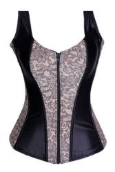 SATIN BLACK Corset With White Floral Panels Shoulder Straps Zip Up Front And Lace-up Back C