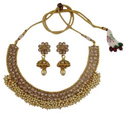 Beautiful Gold Tone Kundan Cz Stone 2PC Necklace Earring Set New Temple Jewelry IMOJ-BNS78B