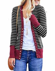 Myifu Women's Long Sleeve Striped Contrast Color Cardigans With Ribbed Neckline Snap Button Down Wine Red