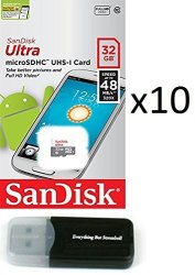 Sandisk 32GB 32G Micro Sdhc Ultra 10 Pack Microsd Tf Flash Memory Card High Speed Class 10 SDSQUNB-0032G-GN3MN With Everything But Stromboli Memory Card Reader