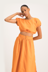 Annika Elasticated Linen Top - Orange - S