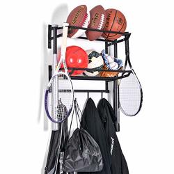 Sunix Sports Equipment Storage Ball Storage Rack Basketball Holder Wall Mount Shelf With Hooks 2 Racks Black