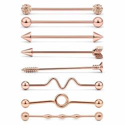 MODRSA 8PCS 14G Stainless Steel Industrial Barbell Earring Cartilage Body Piercing Jewelry 38MM 1&1 2 Inch Industrial Piercing Bar D -rose Gold