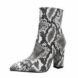 Women Snakeskin High Chunky Heel Boots Cenglings Leopard Print Pointed Toe Zipper Ankle Boots Pumps Slim Party Shoes White