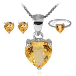 Genuine Citrine Heart Set: Pendant Necklace Earrings Ring .925 Silver 4-6CT