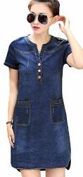 Youhan Women's Vintage Fitted V-neck Short Sleeve Denim Dress XL Blue