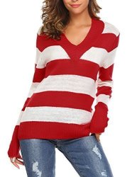 Billti Womens Long Sleeve Striped Pullover Sweater V-neck Loose Fit Casual Top Red Medium