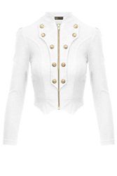 Women's Military Crop Stretch Gold Zip Up Blazer Jacket KJK1125X White 2X