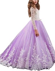Holy Mulanbridal Kids First Communion Dress Ball Gown Flower Girl Dresses Lace Pageant Gowns Lilac CHILD-12