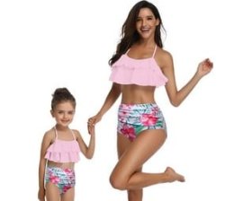 2 Piece Nylon Matching Bikini Swimwear Bathing Suits For Mom Or Daughter - Pink - Botanical Print - Size XL