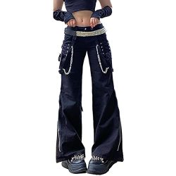 Indie Aesthetic Y2K Low Waist Pants 90s Low Rise Cargo Baggy Trousers  Pockets Hippie Punk Streetwear Denim Bell Bottom Casual Outfits (Large,  Khaki) : : Fashion