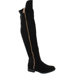 Bamboo MONTEREY-05 Women's Stretch Back Side Zipper Low Heel Over The Knee Boots Black Suede 6.5