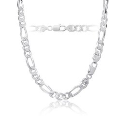 Mens Solid Sterling Silver Figaro Chain Necklace 9MM Italy 24 Inch